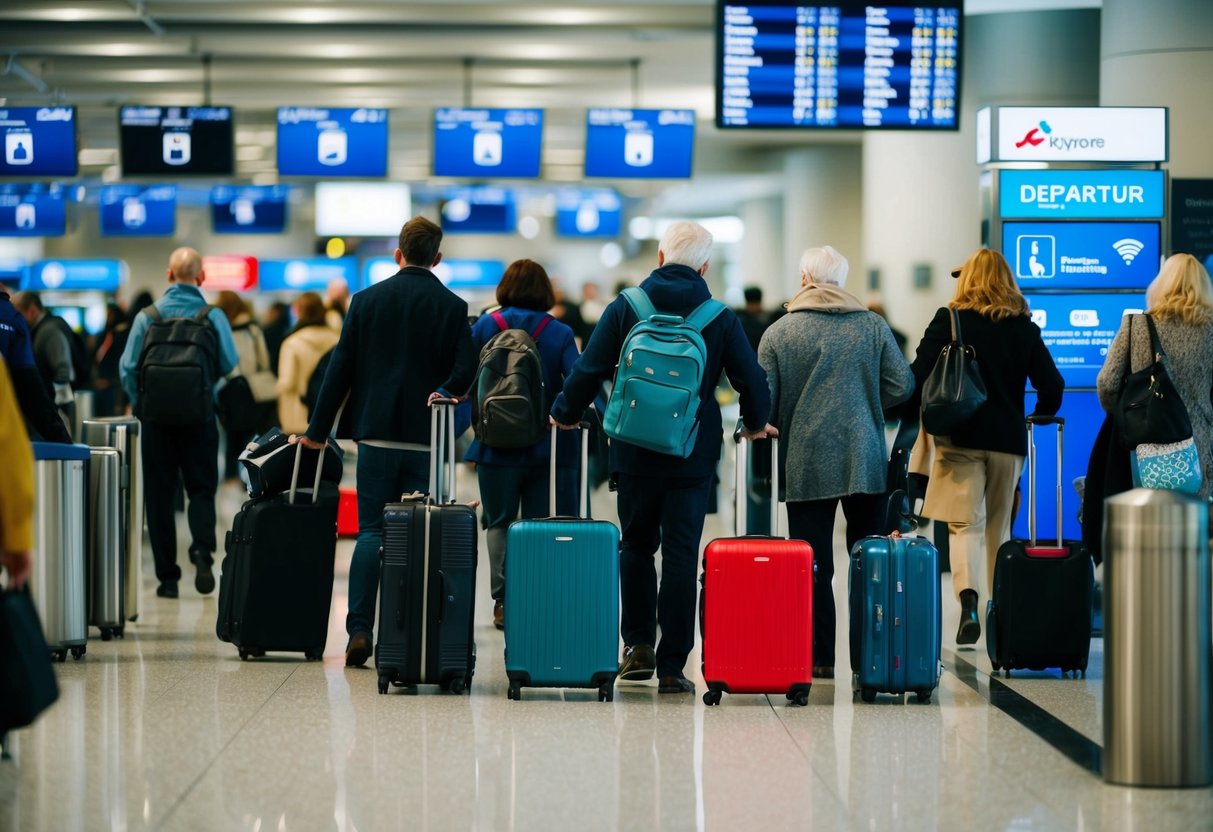 Passengers navigating through crowded airport with luggage, looking at departure screens and information kiosks. Busy holiday travel scene
