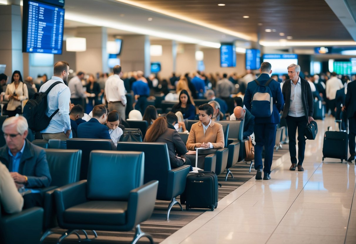 Passengers navigating through a crowded airport lounge, some seated, others standing in line, while a few are looking at departure boards for information on their delayed flights