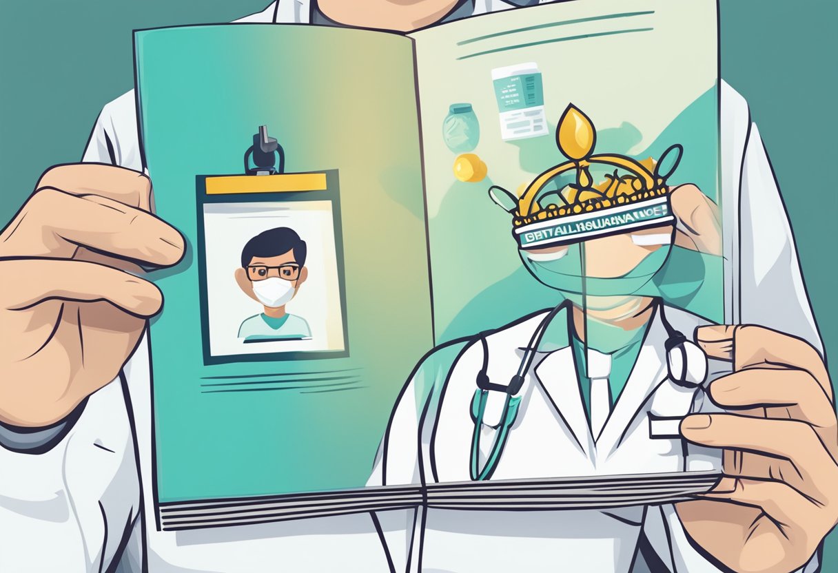 A dentist holding a dental crown next to a dental insurance pamphlet