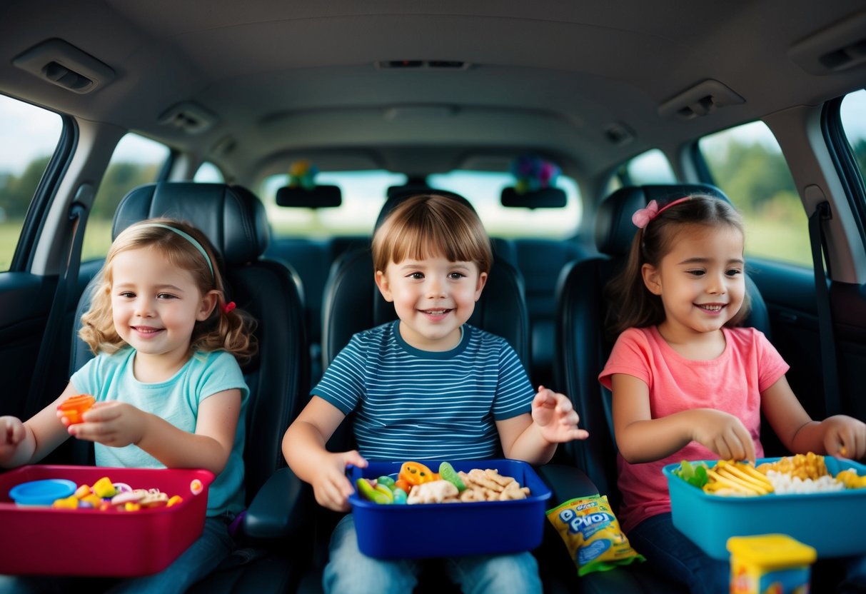 Children playing games in a car or plane, surrounded by toys and snacks. Smiling faces and relaxed body language convey a sense of calm and happiness