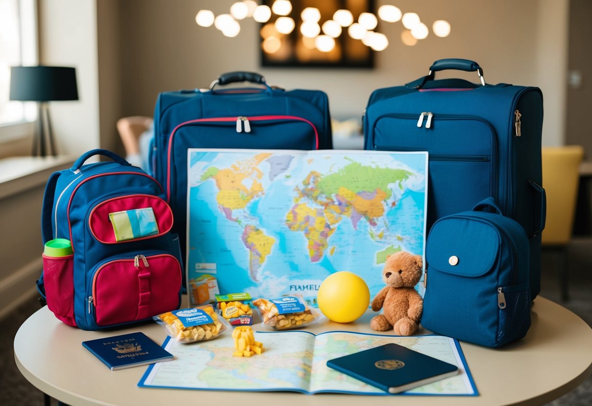 A family's travel bag with snacks, toys, and a map spread out on a table. A child's backpack and a passport are also visible