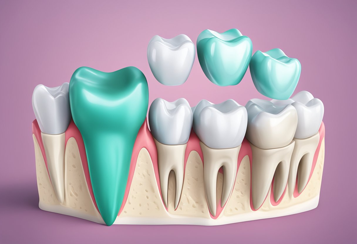 A dental crown resting on a tooth, surrounded by a healthy and vibrant gum line