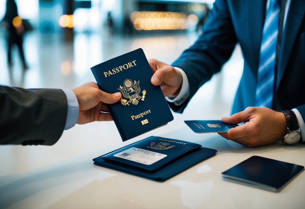 A child's passport and visa being carefully checked by an official at an airport or border crossing