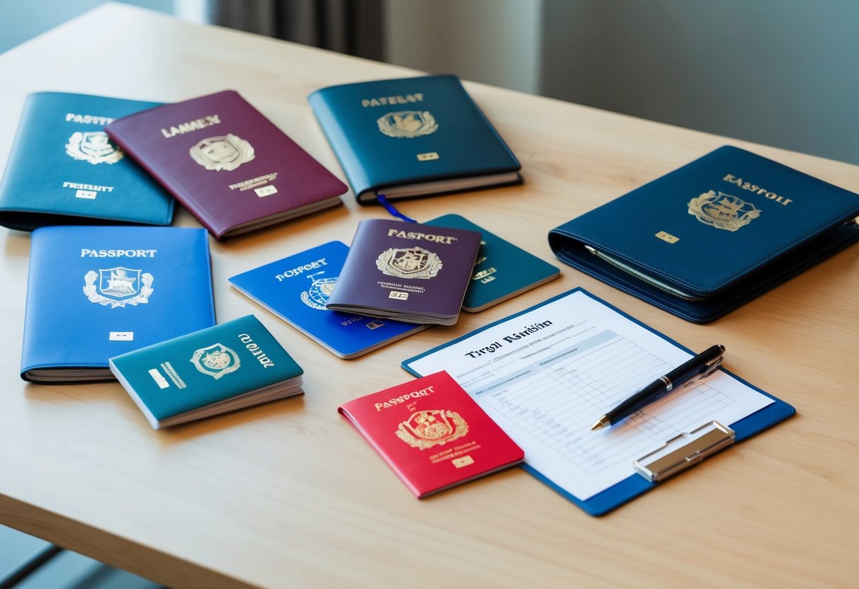 A family's travel documents laid out on a table, including passports and visas for kids, with a checklist and a pen nearby