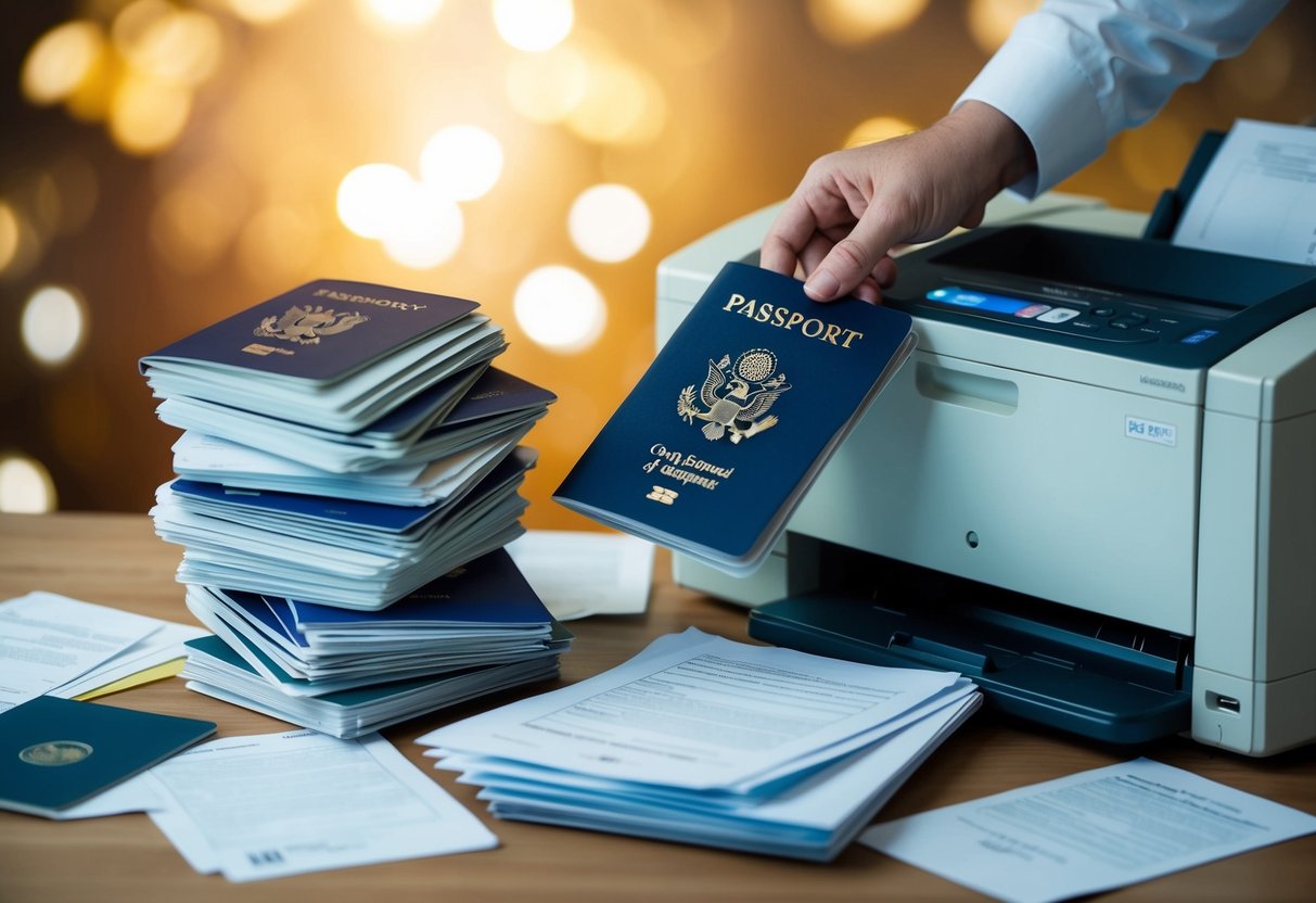 A stack of passports and visas surrounded by a photocopier, with papers scattered around and a hand reaching for a document