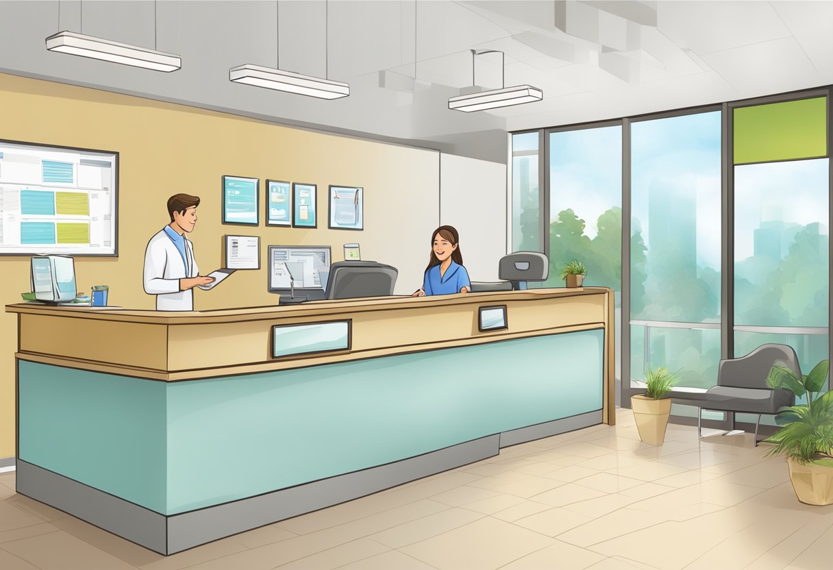 A dental office reception desk with a patient asking about dental crown costs while the receptionist provides information