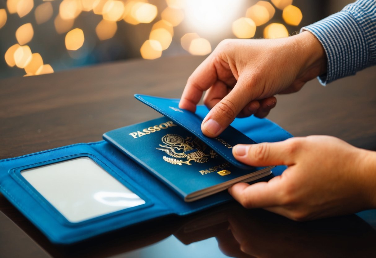 A passport cover is placed over a child's passport to protect it, with a parent's hand guiding the process