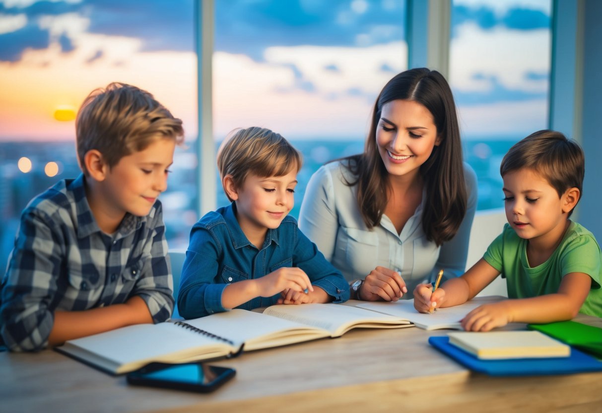 A family traveling through multiple time zones, adjusting sleep schedules, using natural light, and engaging in physical activity to manage jet lag in kids