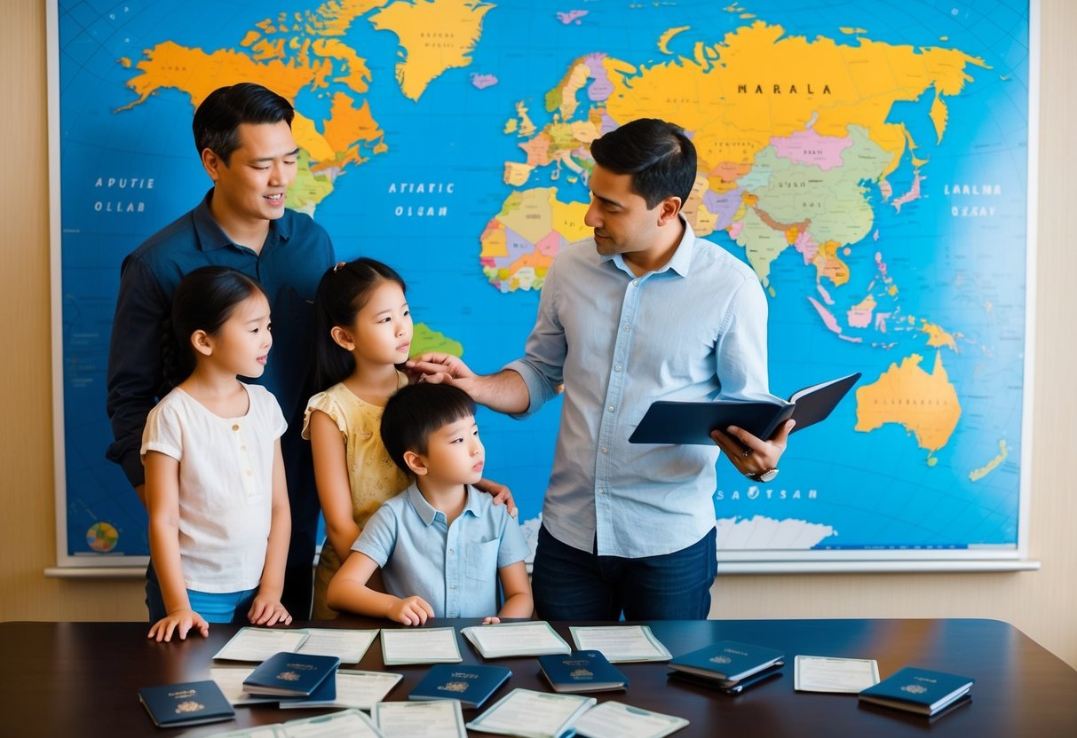 A family of four stands in front of a world map with visa and passport information spread out on a table. The parents are discussing while the children look on attentively