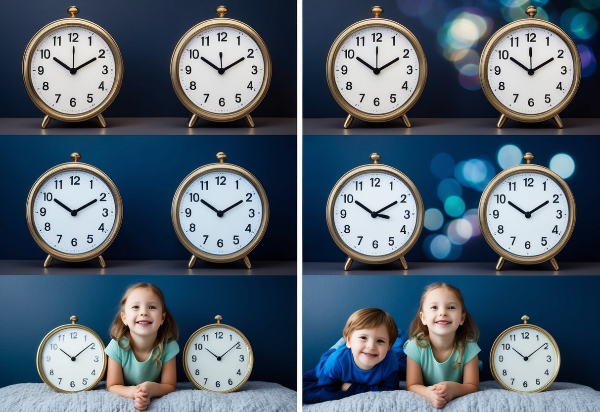 A child's bedroom with a clock showing different times, a series of images showing the gradual adjustment of the sleep schedule, and a happy, well-rested child