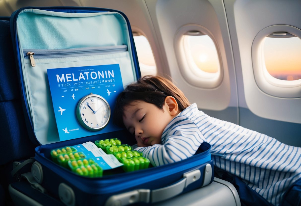 A child's suitcase with melatonin supplements, a clock showing different time zones, and a sleeping child on an airplane