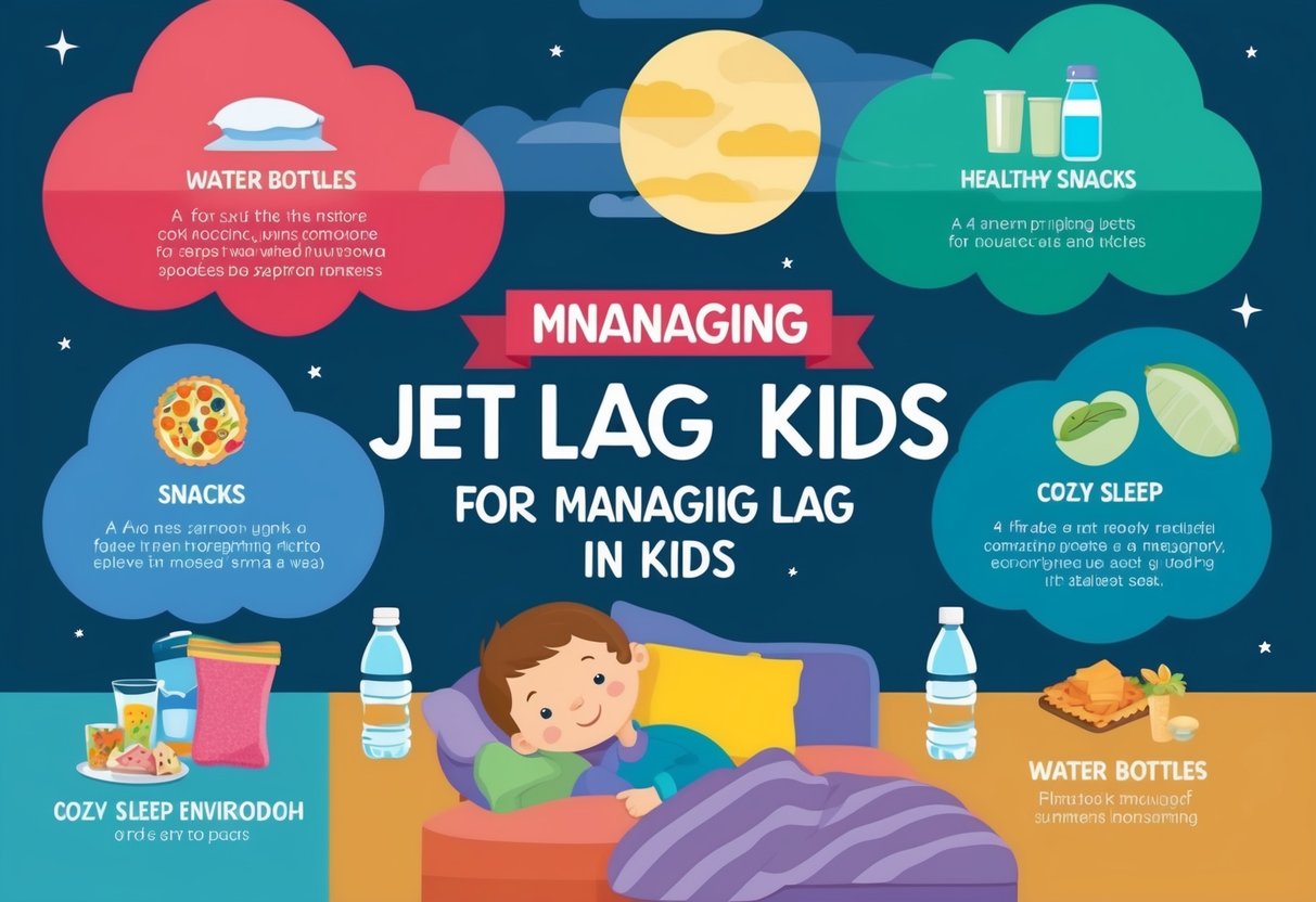 A colorful illustration of various strategies for managing jet lag in kids, including water bottles, healthy snacks, and a cozy sleep environment