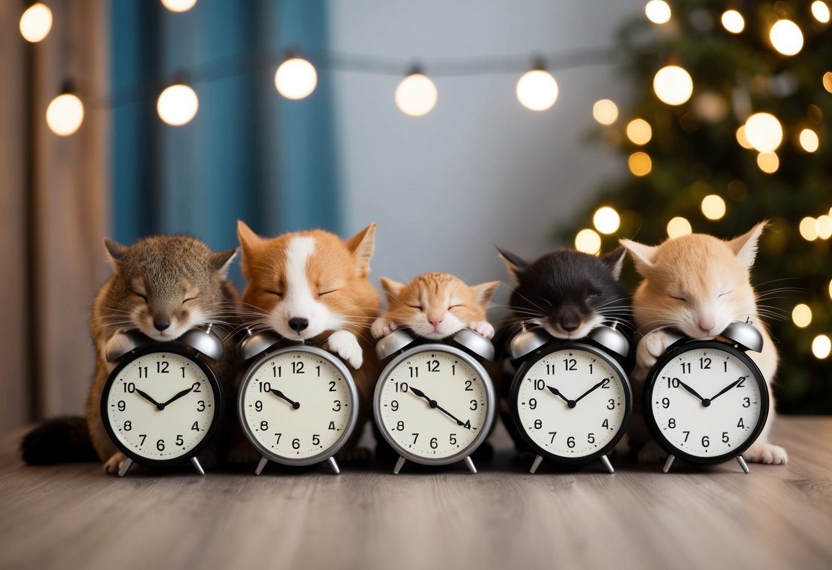 A family of animals adjusting their clocks and setting up cozy nap spots in different time zones