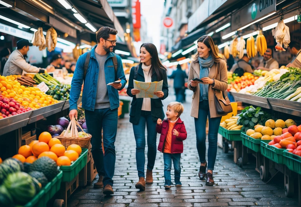 A family exploring a bustling foreign market, surrounded by colorful fruits and vegetables, while a parent holds a map and checks for directions