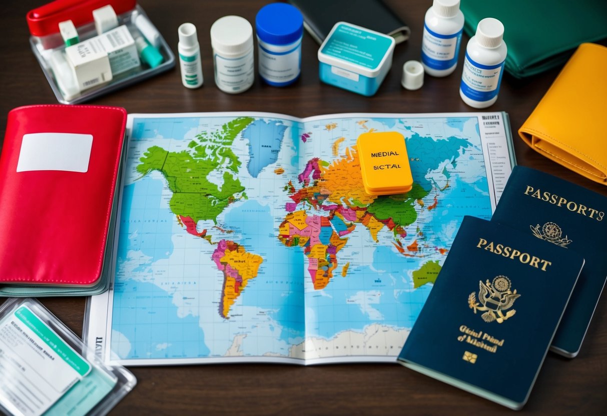 A colorful travel map surrounded by medical supplies and passports