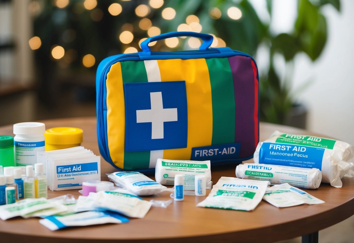 A colorful first-aid kit with bandages, medicine, and supplies arranged neatly on a table, ready for travel