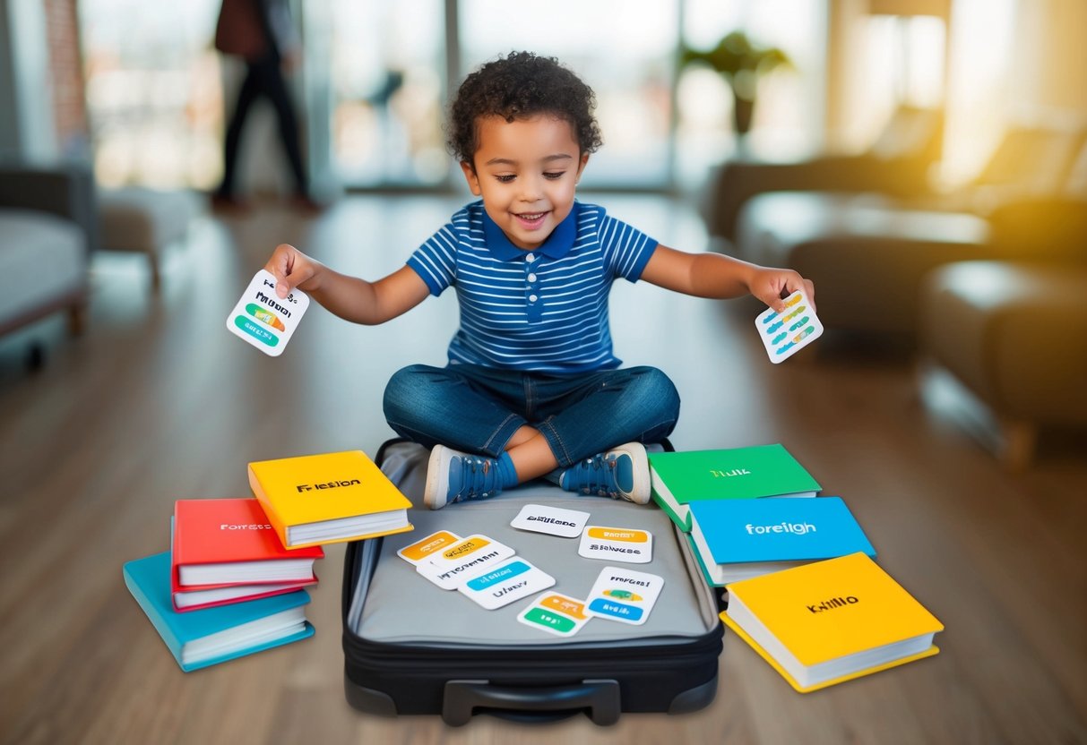 A child sitting on a suitcase, surrounded by colorful foreign language books and flashcards, eagerly learning new words while traveling