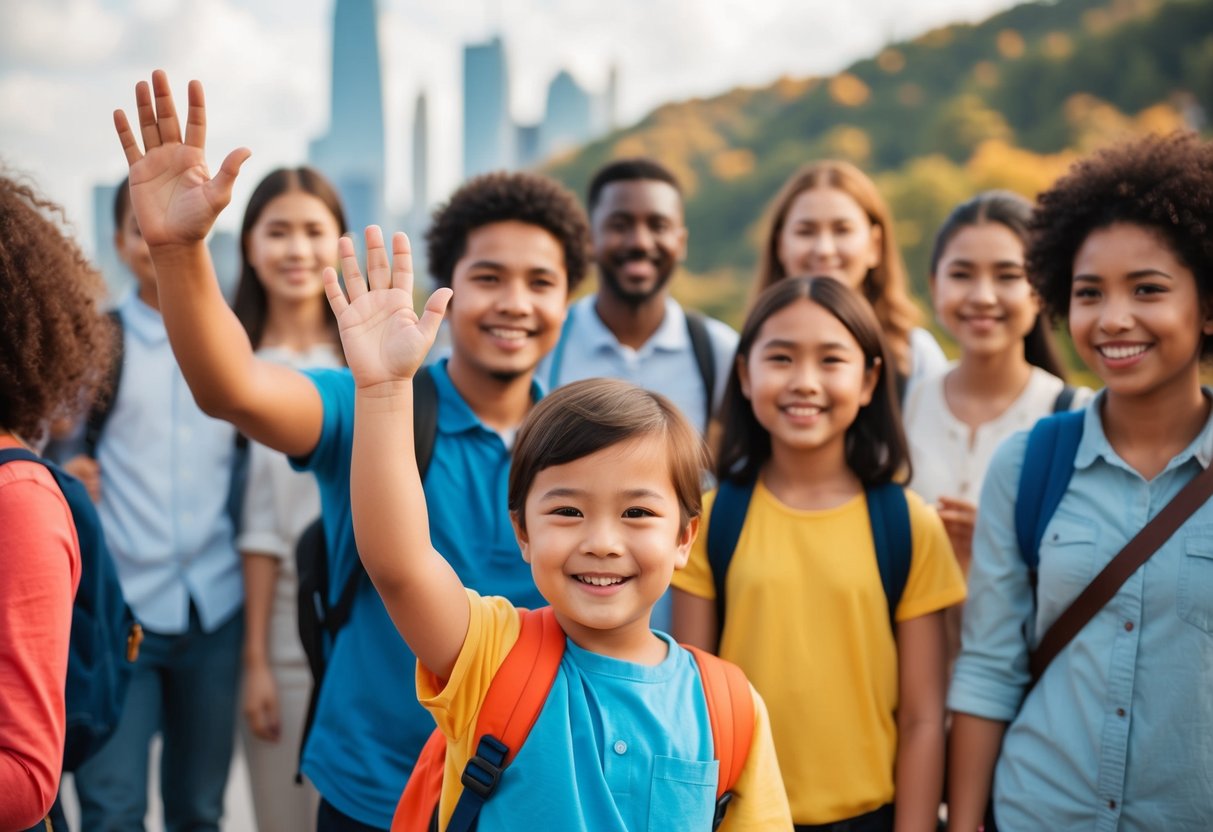 A child waving to a diverse group of people, smiling and saying hello in different languages while traveling