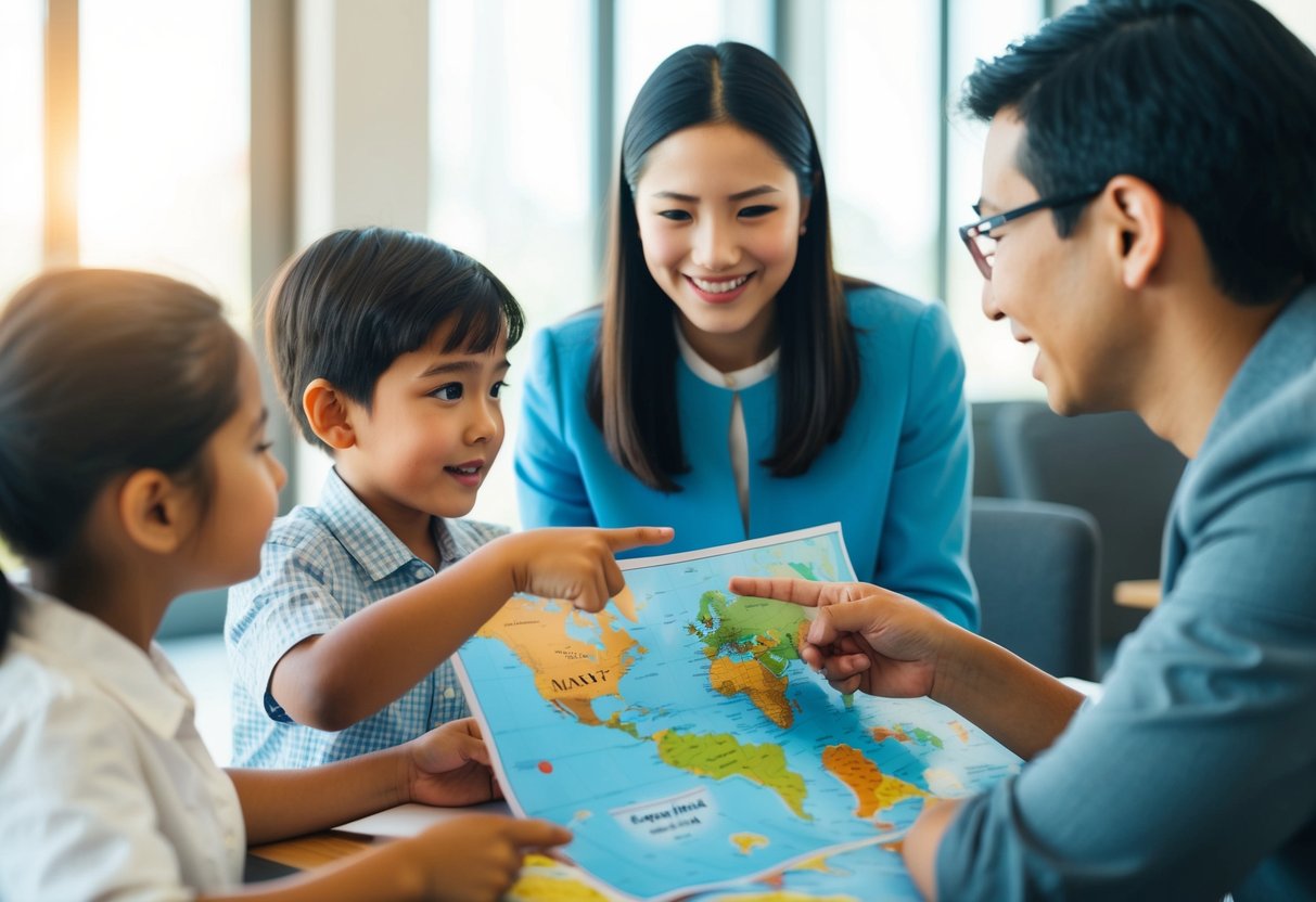 A child holding a map and pointing to different objects while an adult teaches them basic phrases in a foreign language