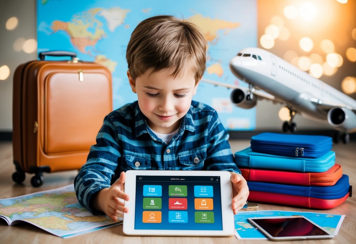 A child surrounded by language learning apps on a tablet while traveling, with a map, suitcase, and airplane in the background