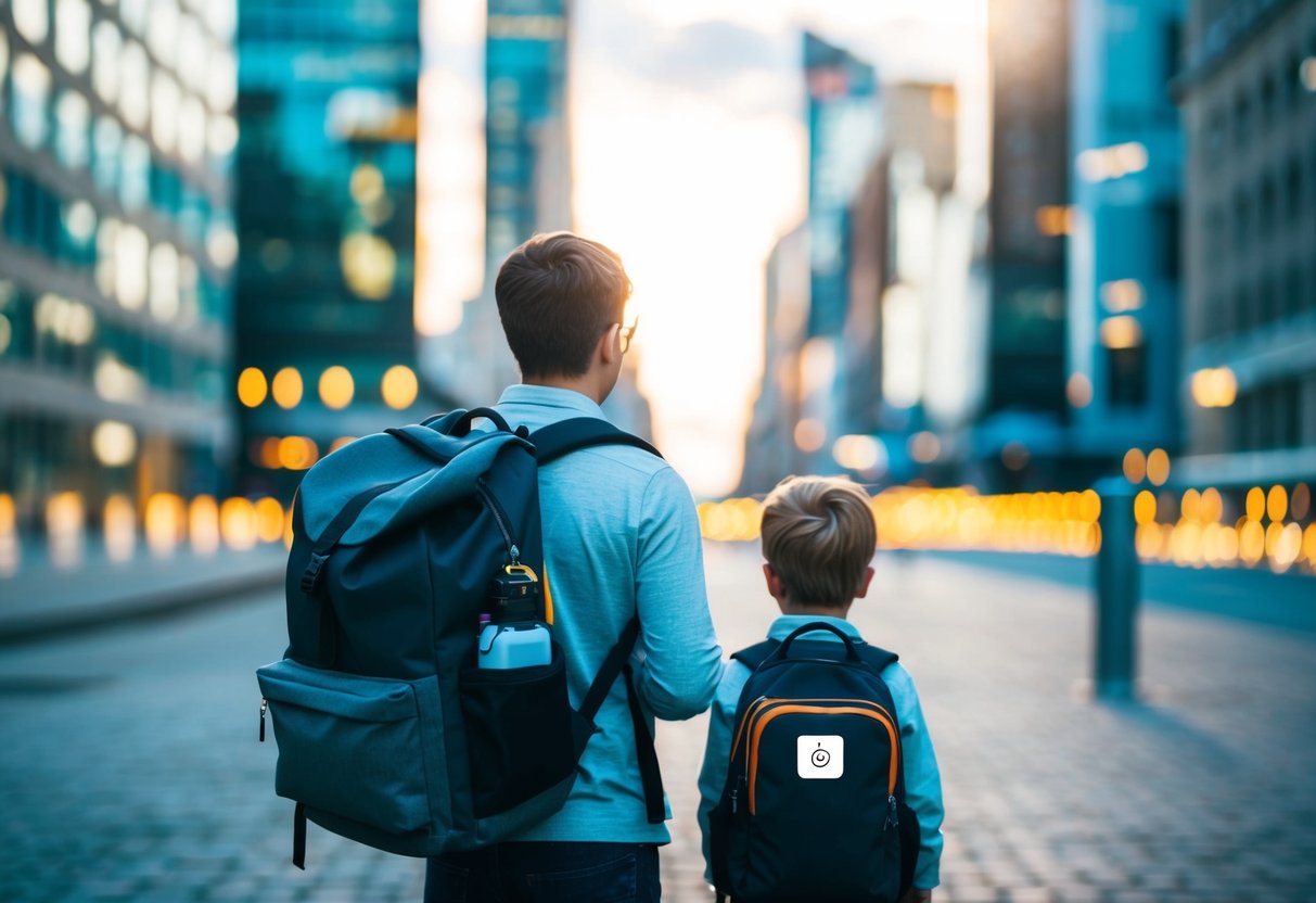 A child GPS tracker attached to a backpack as a parent watches over their child exploring a foreign city