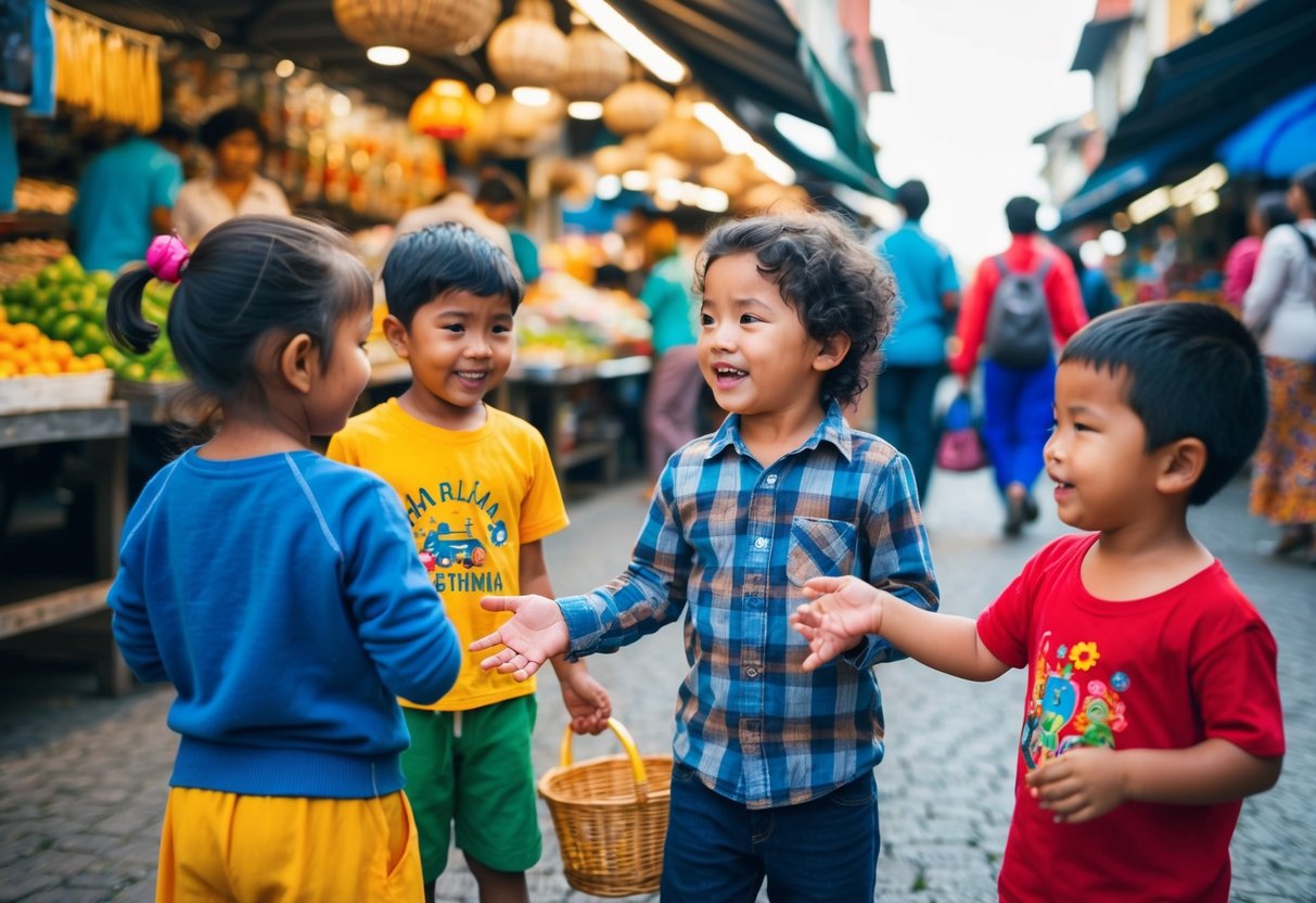 A child playing with local children, listening to and speaking a new language, while exploring a vibrant, bustling market in a foreign country