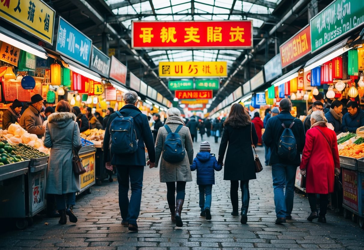 A family travels through a bustling foreign market, surrounded by colorful signs and people speaking a new language