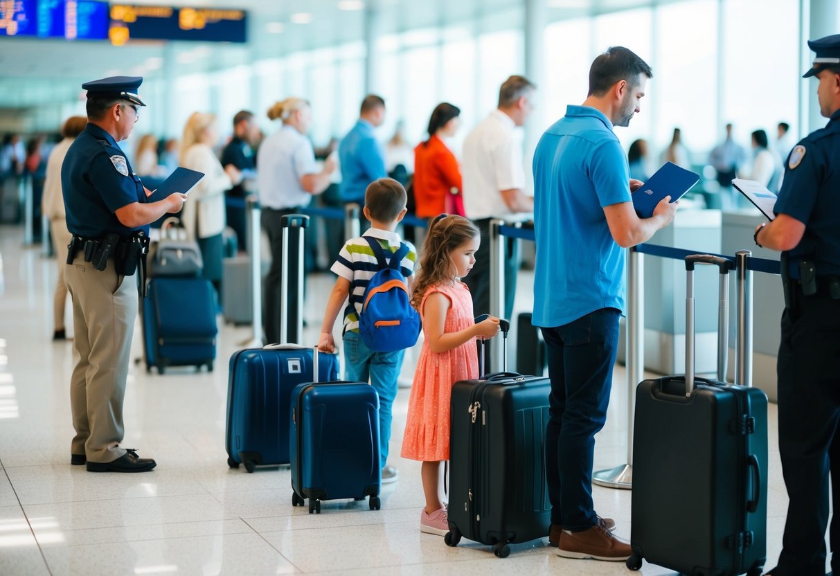 Families with children waiting in line at airport customs, holding passports and luggage, while officers check documents