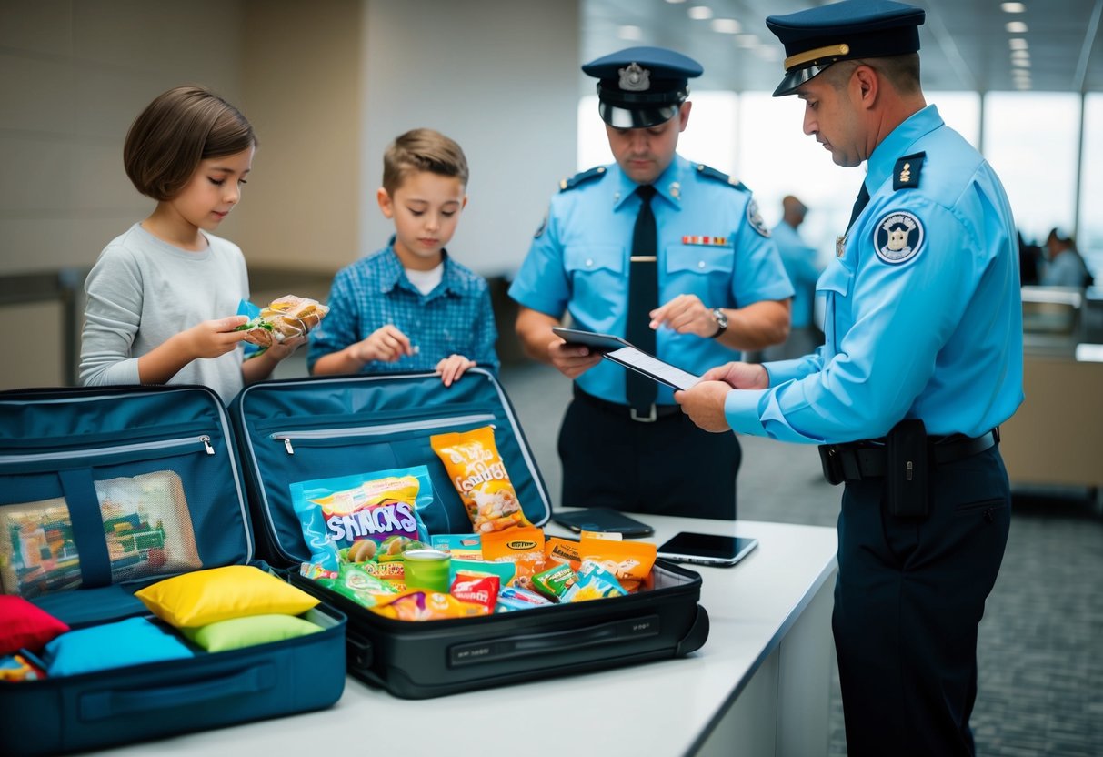 A family's suitcase open with snacks and activities spilling out, while a customs officer checks their documents