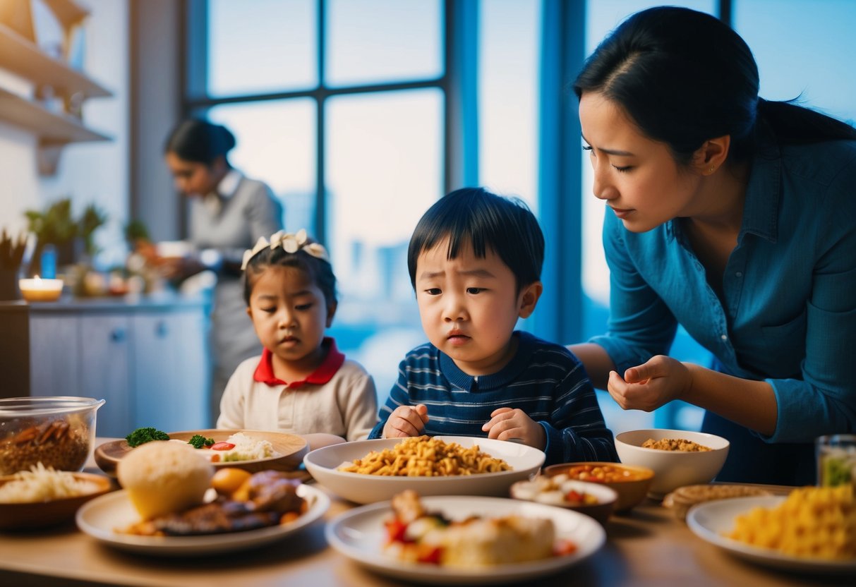 A child surrounded by unfamiliar objects, food, and customs, looking confused and overwhelmed. An adult offers comfort and guidance