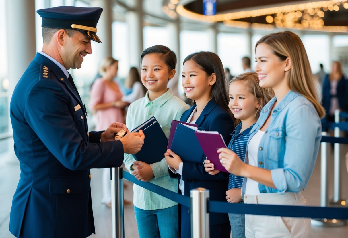 A family stands in line at customs, holding passports and smiling. An officer stamps their documents as a friendly guide offers tips
