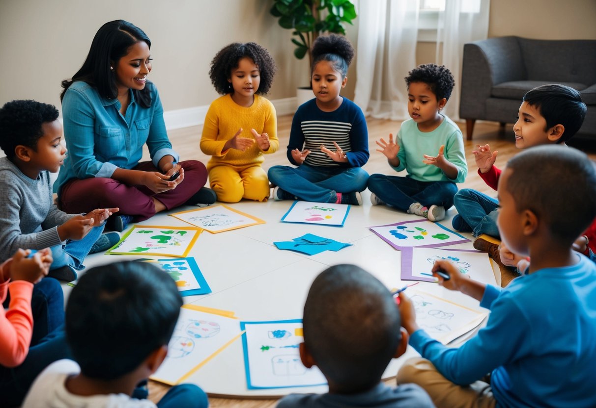 A diverse group of children sit in a circle, sharing their experiences and emotions through drawings and gestures while a supportive adult listens and offers guidance