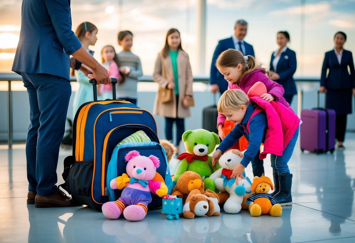 A group of children's comfort items such as stuffed animals, blankets, and toys being placed into a backpack, with a family standing nearby at a customs and immigration checkpoint