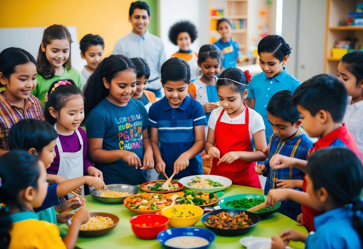 A diverse group of children engage in various activities, such as playing games, cooking different cuisines, and learning traditional dances, in a welcoming and inclusive environment
