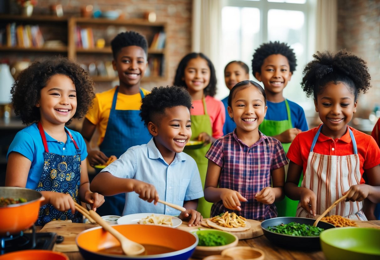 A diverse group of kids happily participating in various cultural activities, such as cooking, dancing, and storytelling, with smiles on their faces