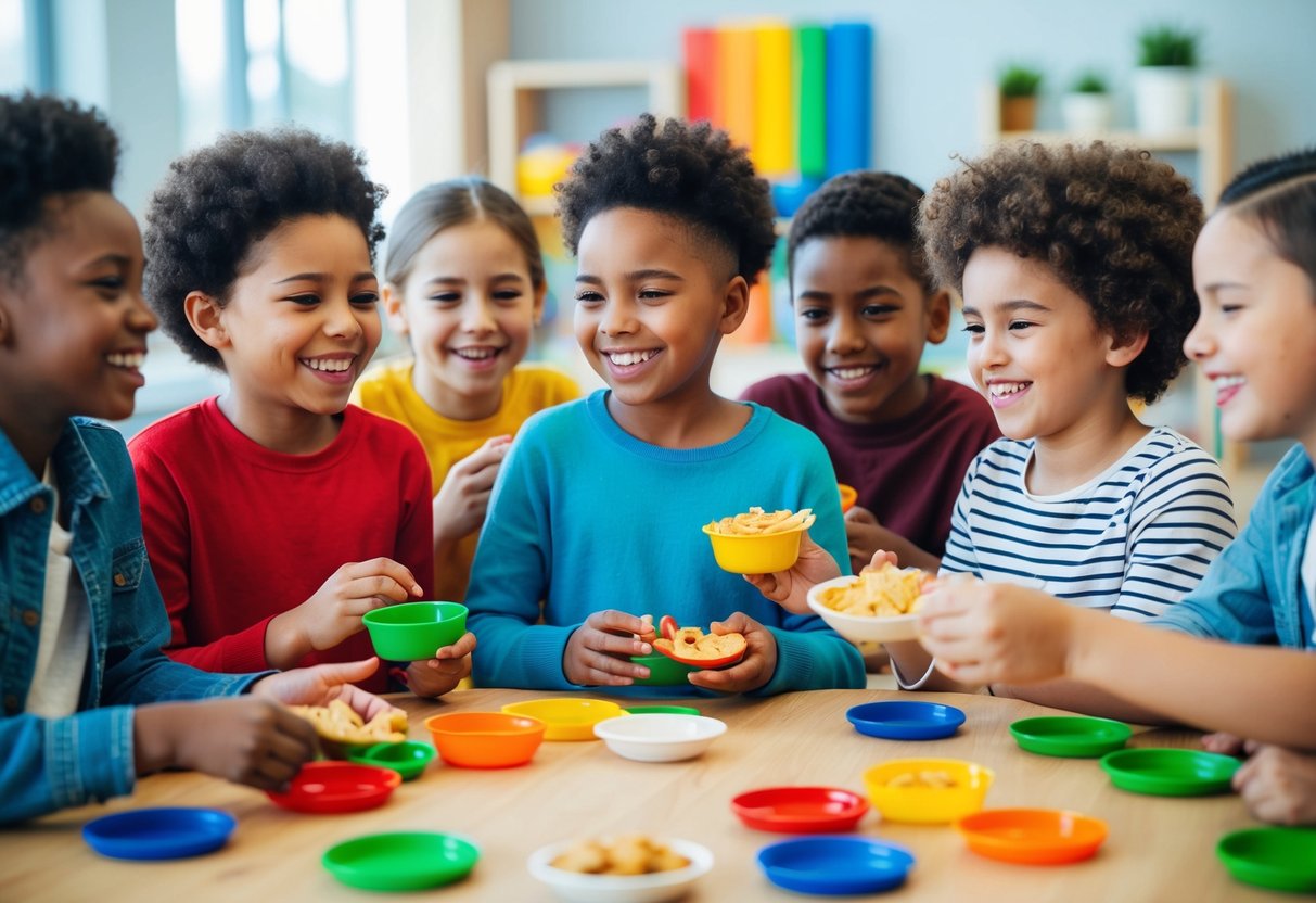 A group of diverse children playing games and sharing snacks, smiling and laughing together in a welcoming and inclusive environment