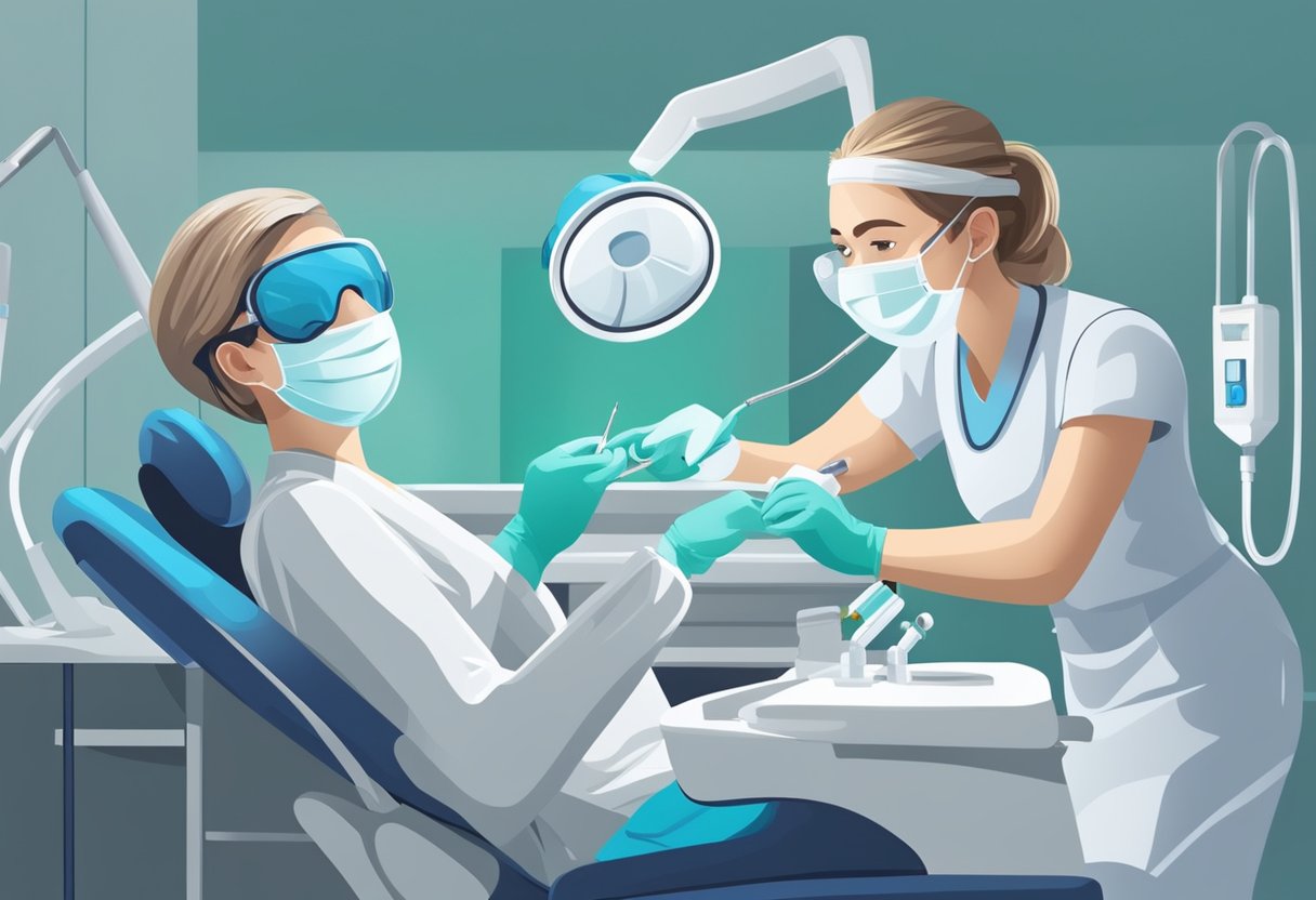 A dental hygienist carefully cleans and polishes teeth, using specialized tools and equipment, while wearing protective gear and maintaining a sterile environment