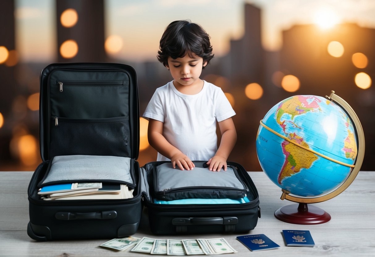 A child packing a suitcase with travel essentials, surrounded by a globe, passport, and foreign currency
