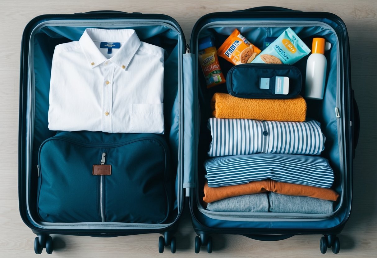 A family's suitcases open, revealing neatly packed clothes, toiletries, snacks, and travel essentials for an international vacation