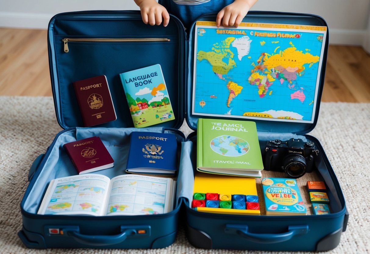 A child's suitcase open with items laid out: passport, map, language book, cultural guide, travel journal, camera, and travel-sized games
