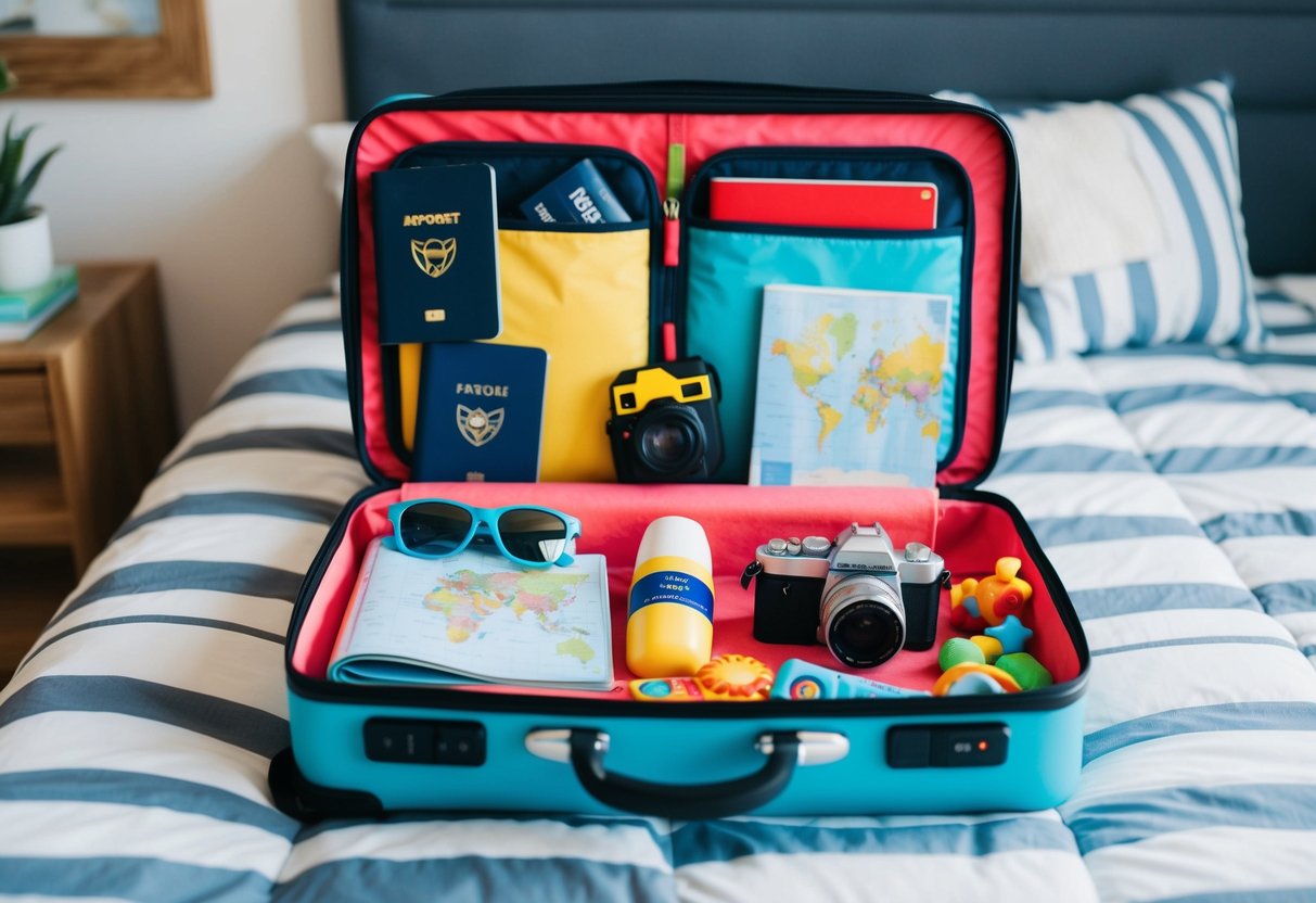 A colorful suitcase open on a bed, filled with children's passports, a camera, sunscreen, a map, sunglasses, toys, and a travel journal