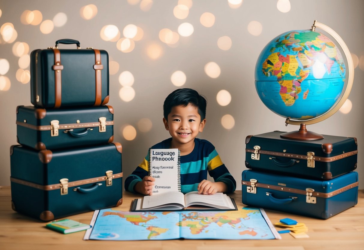 A child surrounded by suitcases, holding a language phrasebook, while a globe and map are spread out on the table
