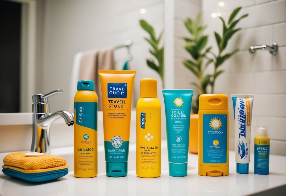 A collection of travel-size toiletries arranged neatly on a bathroom counter, including shampoo, conditioner, toothpaste, and sunscreen