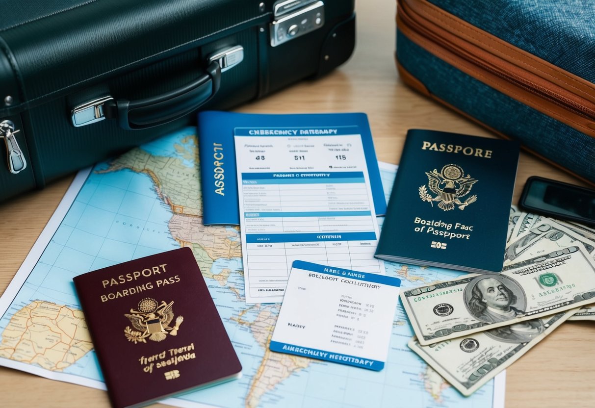 A passport, boarding pass, travel itinerary, and emergency contact information laid out on a table, surrounded by a suitcase, map, and foreign currency