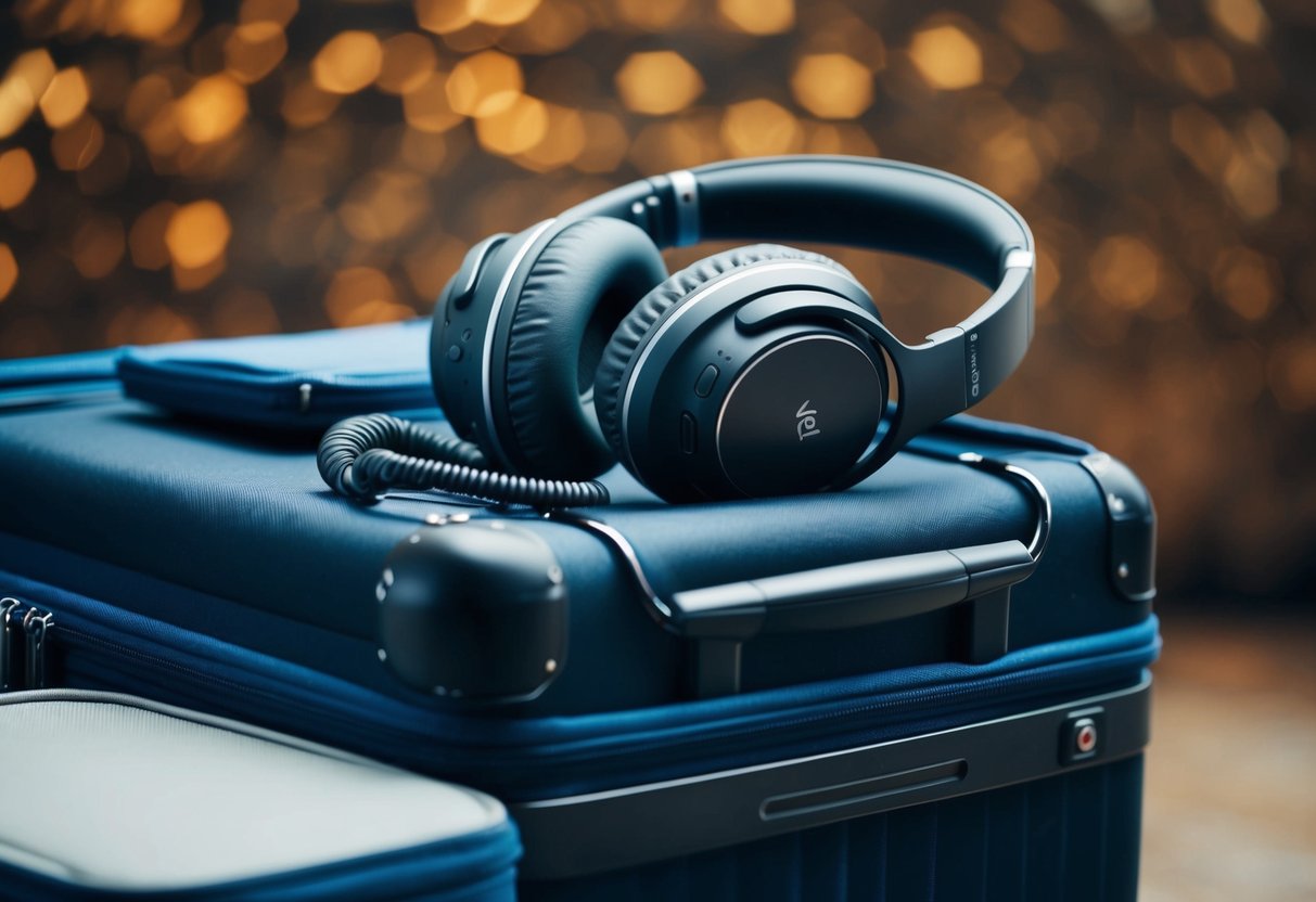 A pair of noise-canceling headphones resting on top of a neatly packed suitcase, surrounded by other travel essentials