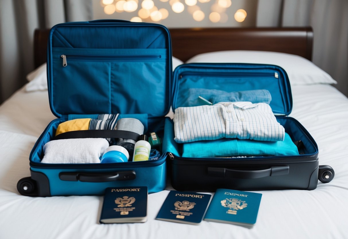 A child's suitcase open on a bed, filled with clothing, toiletries, and travel essentials. A passport and travel documents laid out next to it
