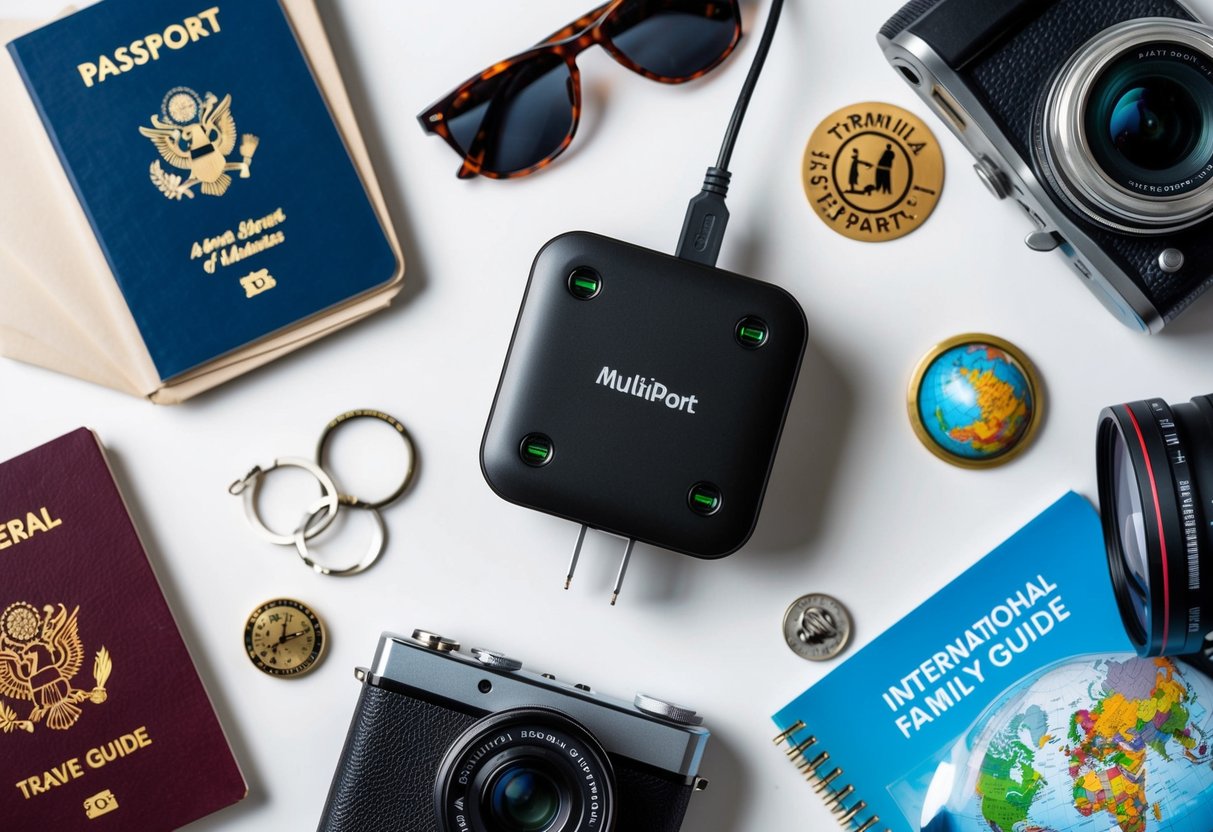 A multiport USB charger surrounded by essential items for a stress-free international family vacation, such as passports, sunglasses, a camera, and a travel guide