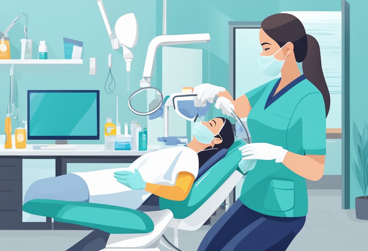 A dental hygienist carefully cleans and inspects teeth in a bright, modern dental office. The hygienist uses specialized tools to remove plaque and tartar, ensuring patients' oral health