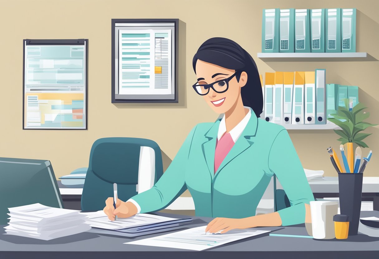 A dental hygienist reviewing financial documents and insurance forms at their desk in a modern dental office