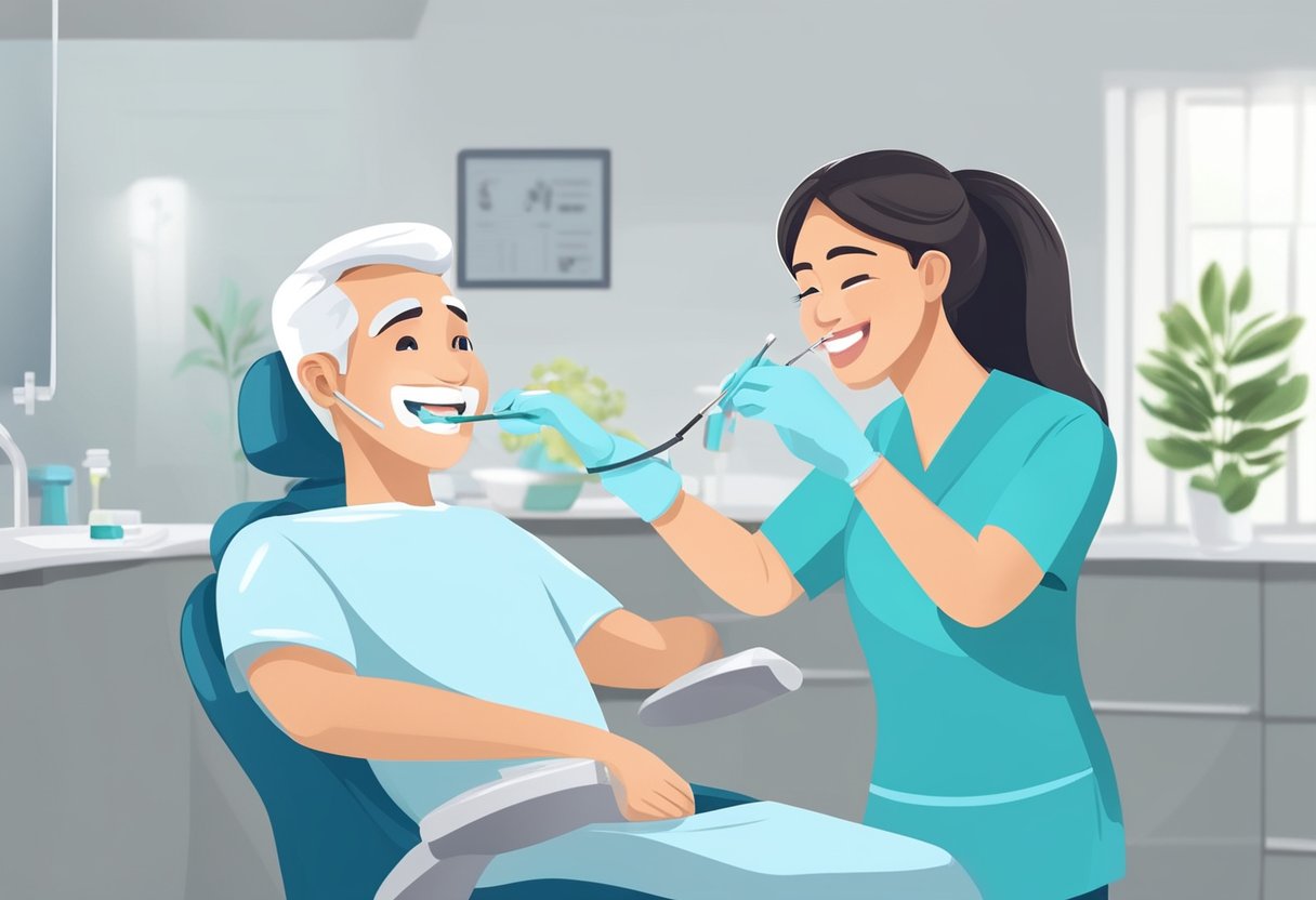 A dental hygienist cleaning teeth and educating a patient on oral hygiene